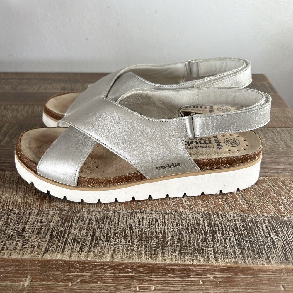Mephisto Mobils Tally Sandals 41 EU 11 US Resort Leather Cork Metallic Sand - Picture 2 of 9